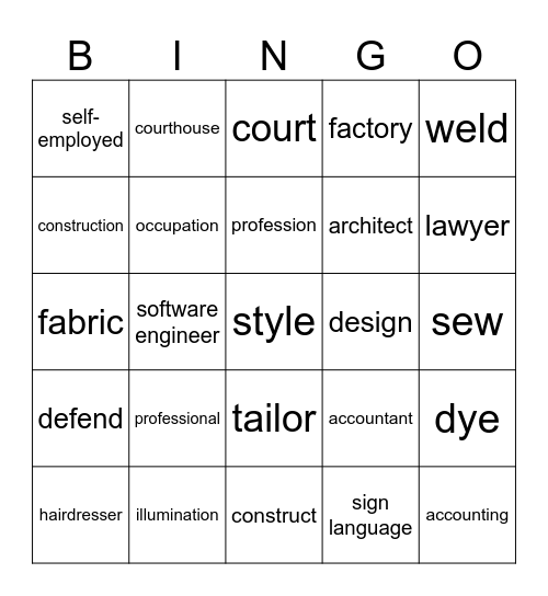 Occupations Bingo Game Bingo Card
