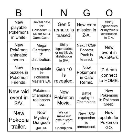 Pokémon Day 2026 Bingo Card