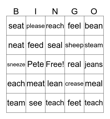 Long e sound bingo Card