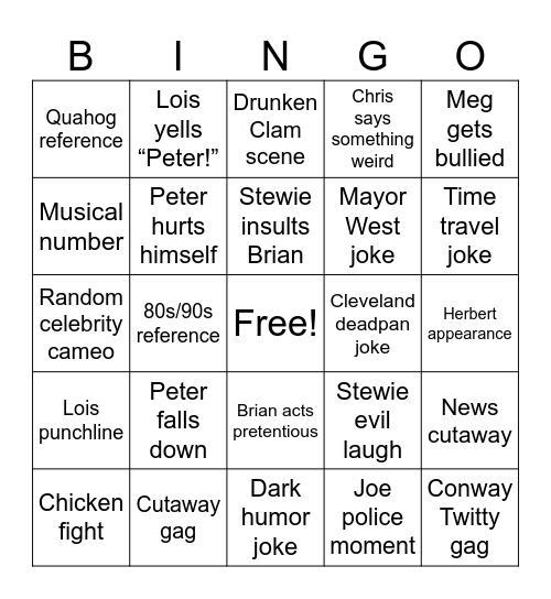 Family Guy Bingo Card