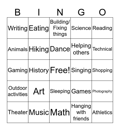INTERESTS Bingo Card