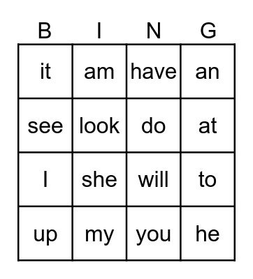 Sight Words Bingo Card