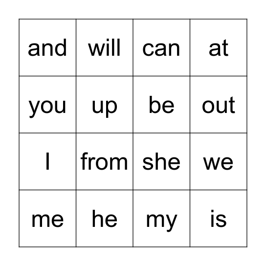 Sight Words Bingo Card