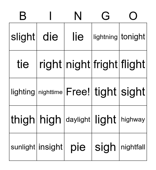 Long I Bingo Card
