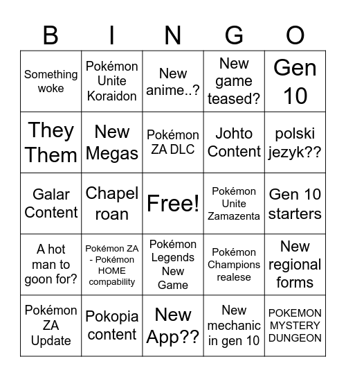 Pokémon Presents 2026 Bingo Card