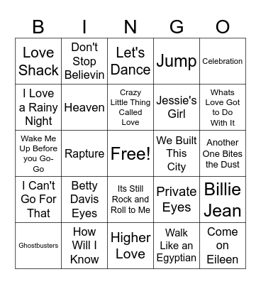 80s Era of Big Hair and Big Hits Bingo Card