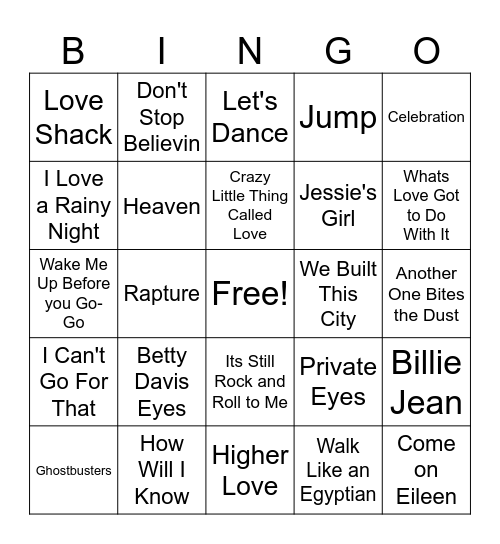 80s Era of Big Hair and Big Hits Bingo Card