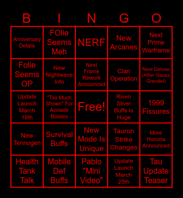February 2026 Warframe Devstream Bingo Card