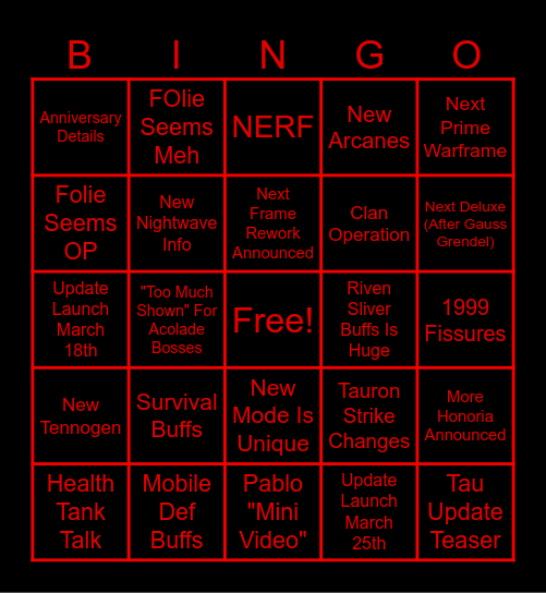 February 2026 Warframe Devstream Bingo Card