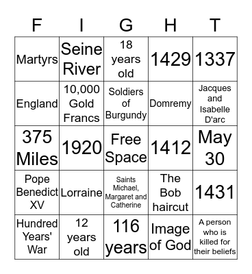 Joan of Arc Bingo Card