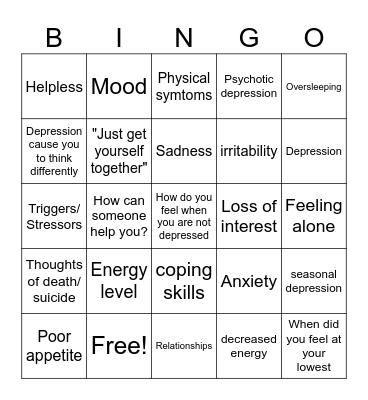 Depression Bingo Card