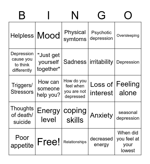 Depression Bingo Card