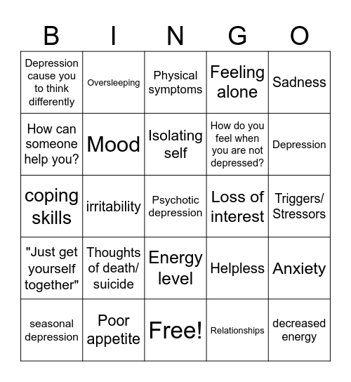 Depression Bingo Card