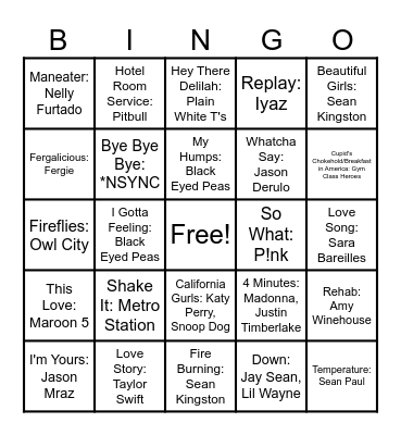 2000's Pop Bingo Card