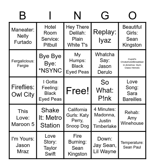 2000's Pop Bingo Card