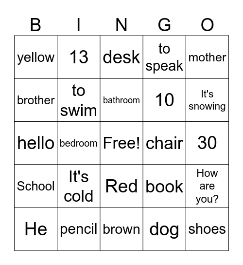 Verbo Estar + Vocabulary Bingo Card