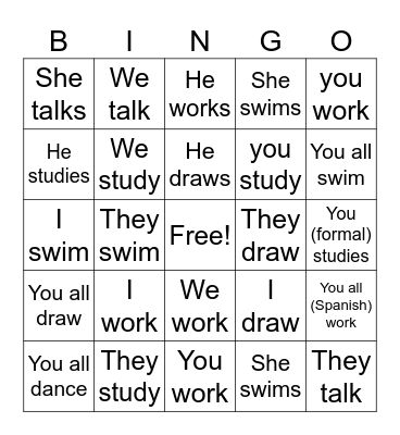 -AR REGULAR VERBS  -O, -AS, -A , -AMOS, -AIS, -AN Bingo Card