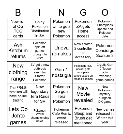 Pokemon 30th anniversary Bingo Card