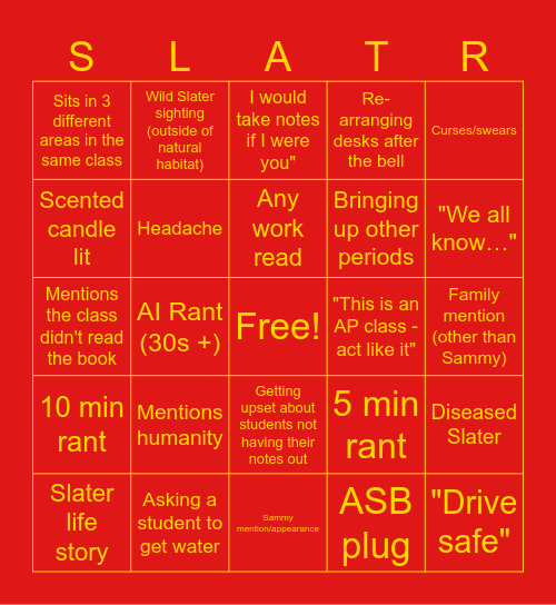 Slater Bingo Card