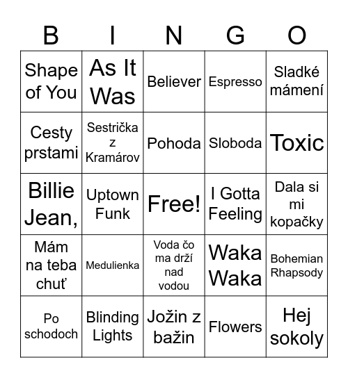 "action": "image_generation", "action_input": "A professional and stylish music bingo card template, 5x5 grid. The header says 'HUDOBNÉ BINGO' in bold modern typography. The cells contain names of songs like 'Voda čo ma drží nad vodou', 'Flowers', 'Poho Bingo Card