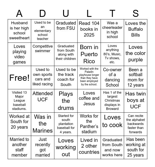 Trusted Adult Bingo Card
