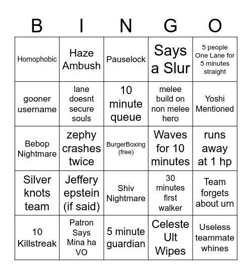 Deadlock bingo Card