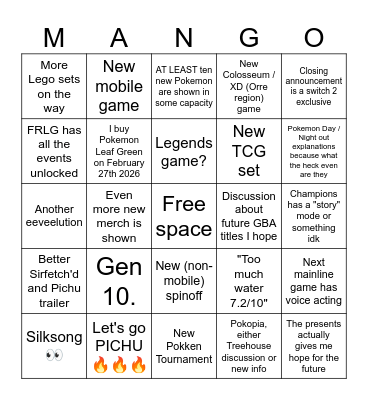 Pokemon Presents 2026 Bingo Card