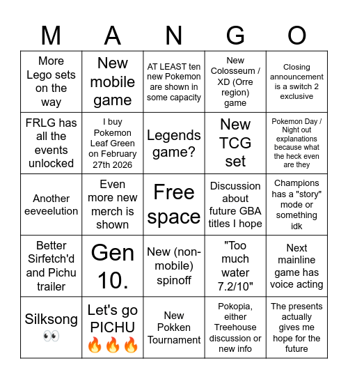 Pokemon Presents 2026 Bingo Card