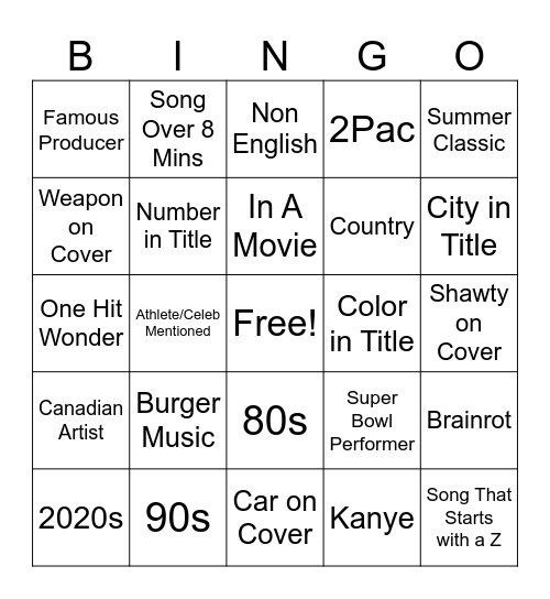 Music Bingo Card
