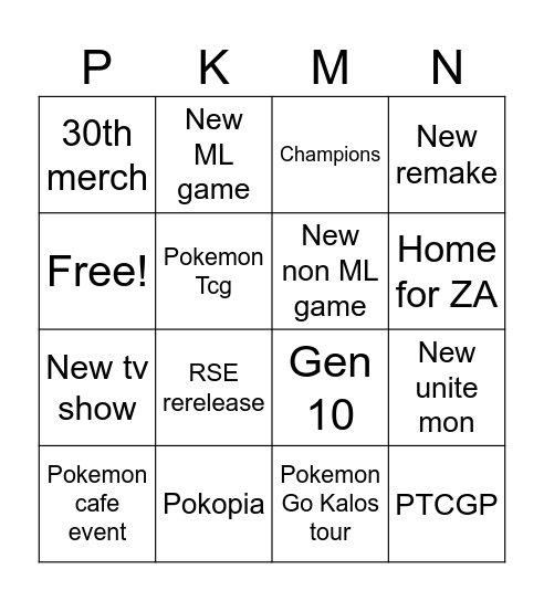 Pokemon Direct Bingo Card