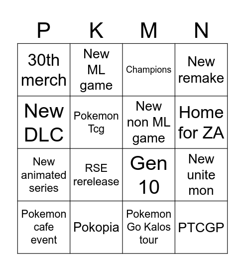 Pokemon Direct Bingo Card