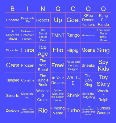 Animated Movies Bingo Card