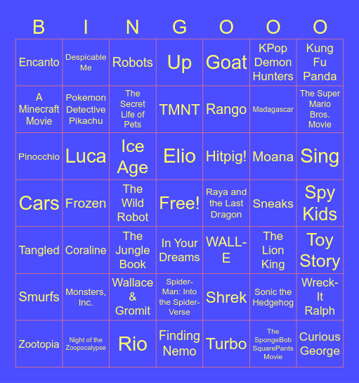 Animated Movies Bingo Card
