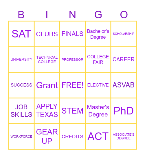 GEAR UP Bingo Card