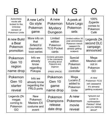 Pokemon Day Direct Prediction Bingo Card