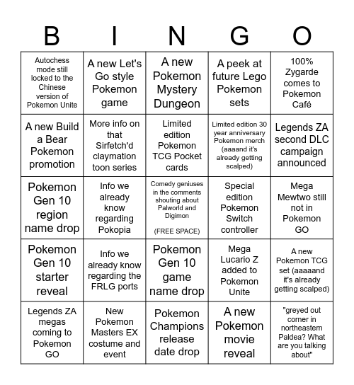 Pokemon Day Direct Prediction Bingo Card