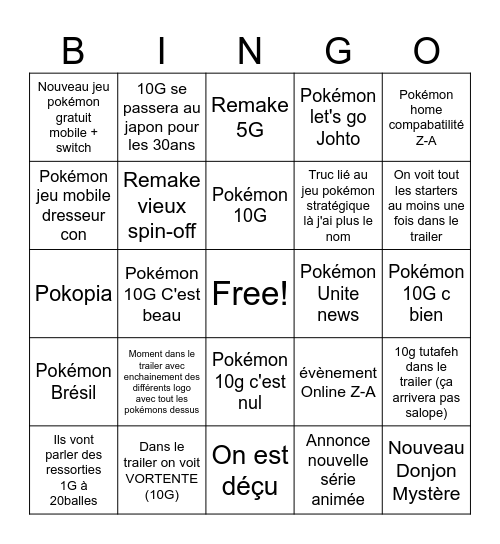 Pokémon Direct Bingo Card