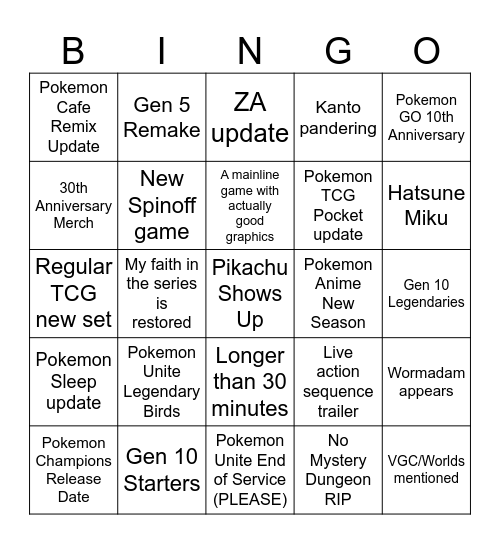 Pokemon Day 2026 2/27/26 Bingo Card