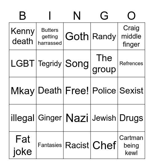 Offensive South Park Bingo Card