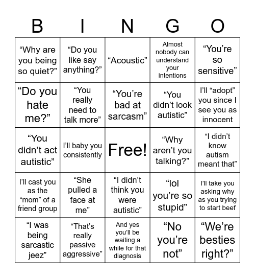 Autism bingo Card