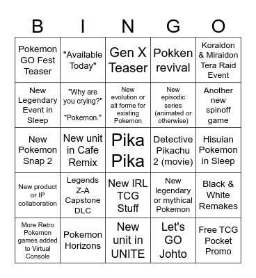Pokemon Direct Announcement Bingo Card