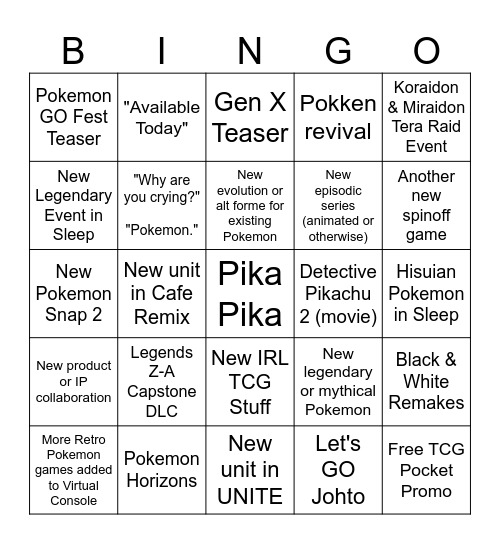Pokemon Direct Announcement Bingo Card