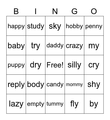 Vowel Y Bingo Card