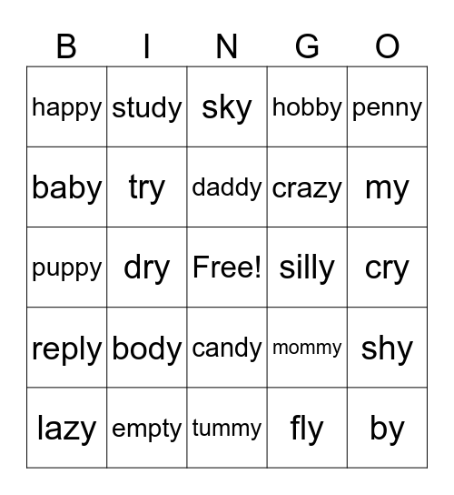 Vowel Y Bingo Card