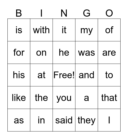 KINDERGARTEN SIGHT WORDS Bingo Card