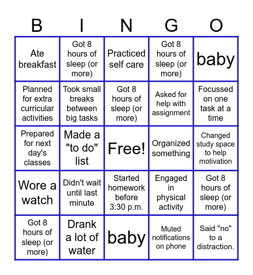 Time Management BINGO Card