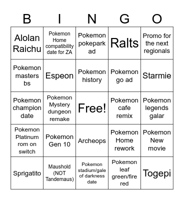 Pokemon Day Bingo Card
