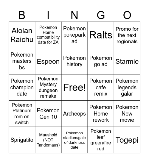 Pokemon Day Bingo Card