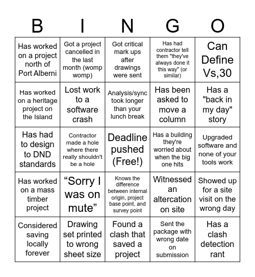 ENG/BIM Bingo! Bingo Card
