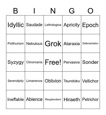 English Bingo Card